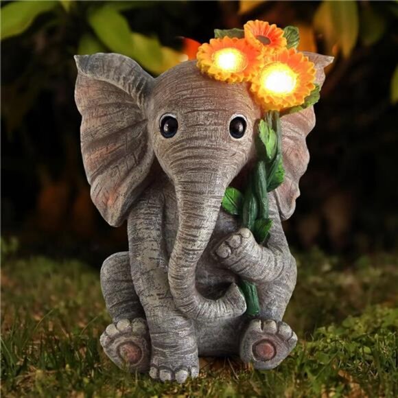 Outdoor Sculpture Figurine Statue Elephant Decor, Solar Garden Statues - Picture 3 of 7